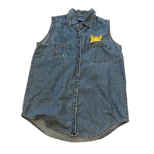Vintage Winnie The Pooh Denim Sleeveless Button Down Size Small Jean Style 90s